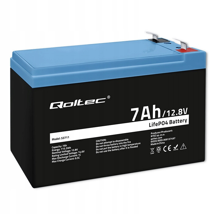 Qoltec Akumulátor LiFePO4 Lithium-Železo-fosfátová 12.8V 7Ah 89.6Wh Bms