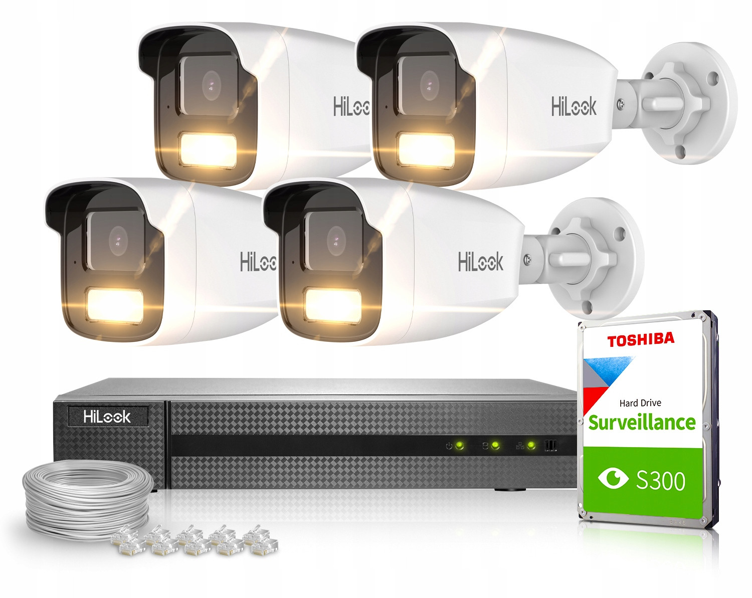 Monitorovací sada HiLook NVR-4CH-4MP/4P IPCAM-B2-50DL(x4) 1TB Kabel