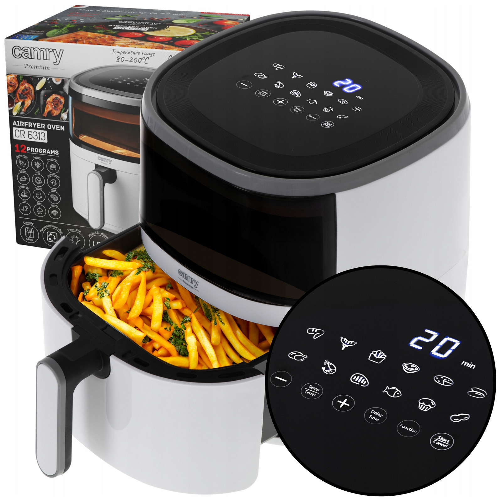 Fritéza Bez Tuku Fritéza Air Fryer 5L 12 programů Časovač Panel