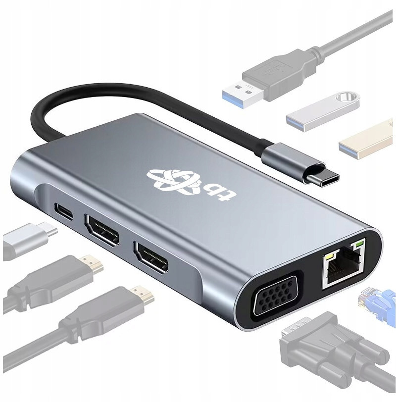 Adaptérový Hub Usb C 8IN1 Hdmi x2, USBx3, Pd, Vga, RJ-45