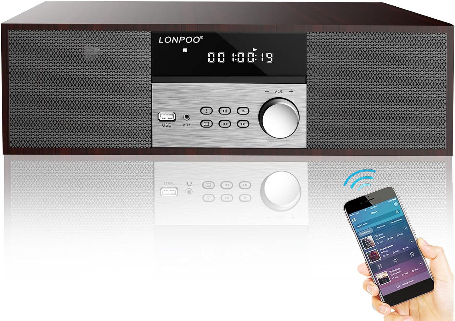 Lonpoo Kompaktní stereo přehrávač Dřevo HiFi CD Bluetooth Fm Usb Aux