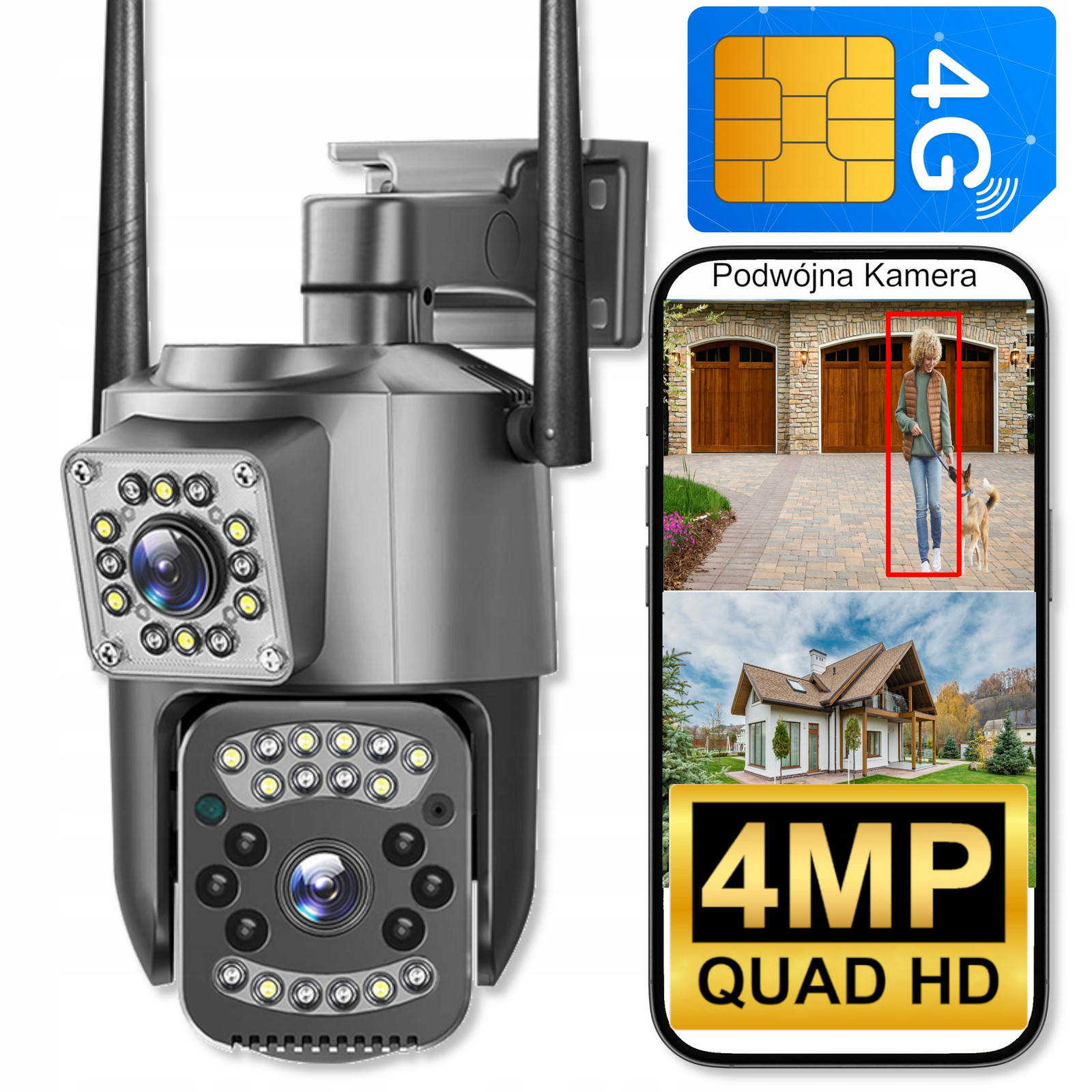 Duální venkovní kamera 4MPX Qhd 4G Gsm Lte Otočný domácí monitoring