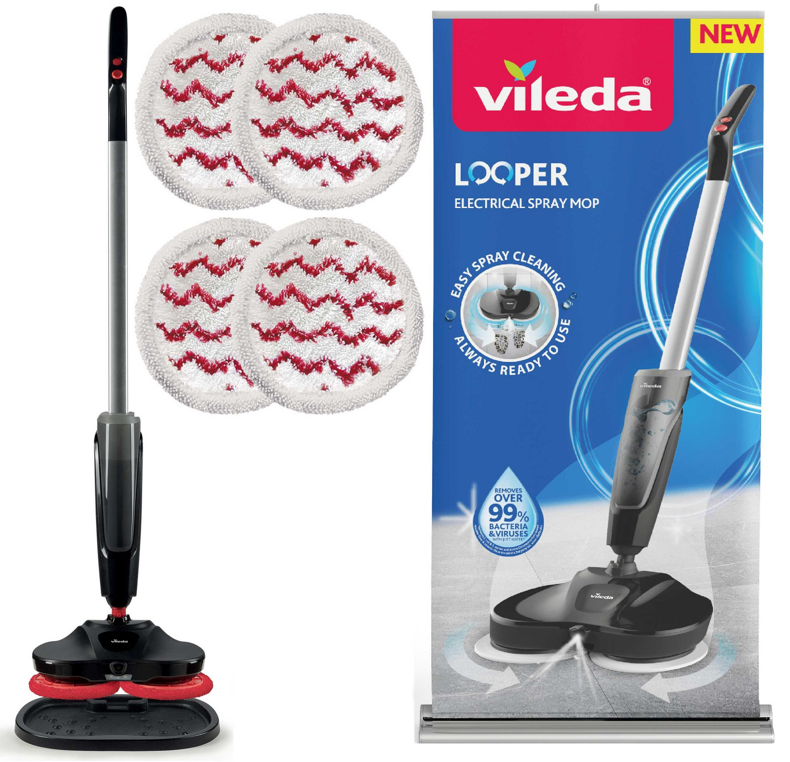 Vileda Looper Elektrický Mop Bezdrátový Postřikovač 4 Náplně Bonus