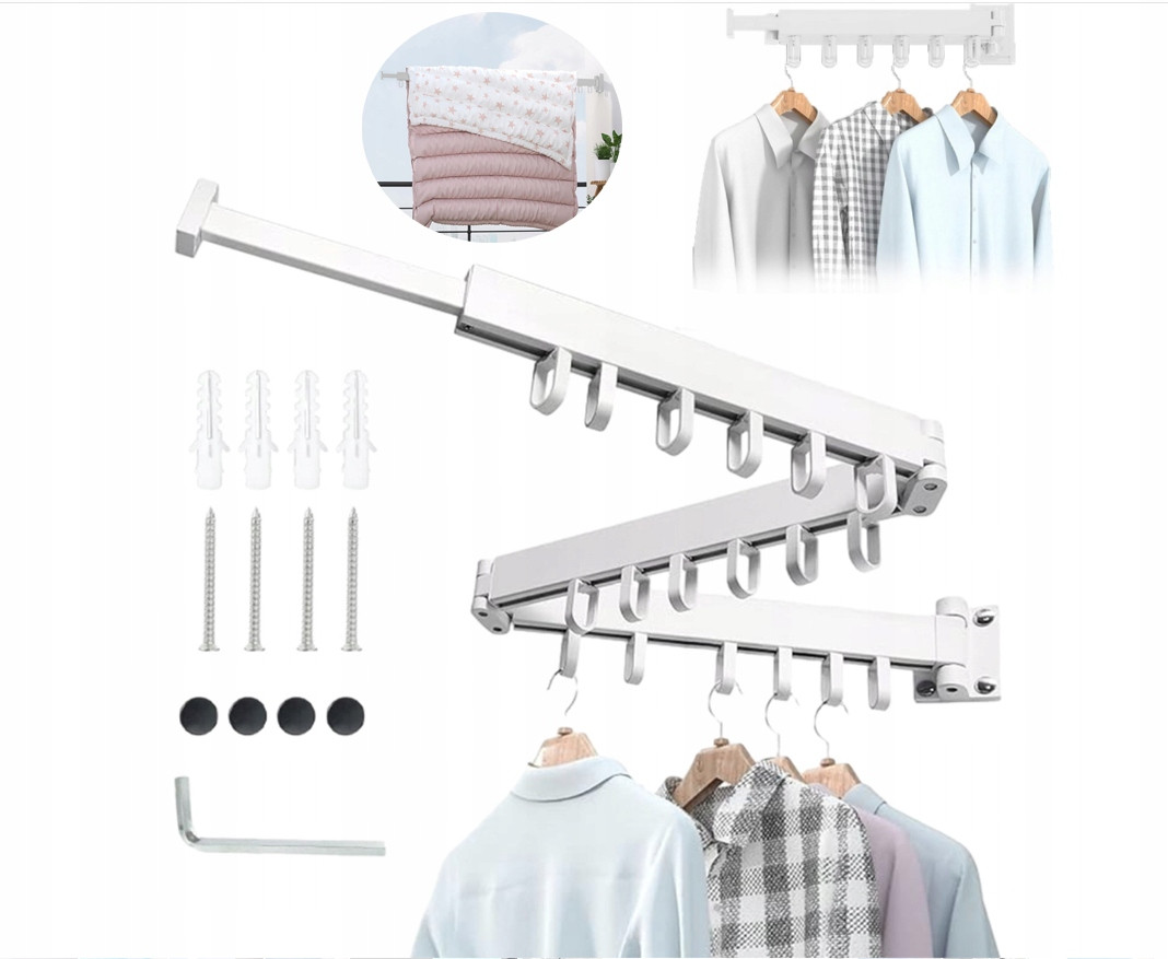 Věšák Na Šaty Nastavitelný Skládací Na Nástěnný Balkon S 18 Háčky Bílý
