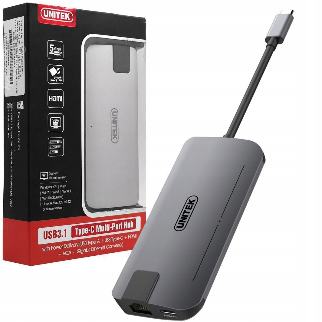 Unitek Rozbočovač Usb-c Power Delivery 60W Hdmi Vga Usb Ethernet RJ45