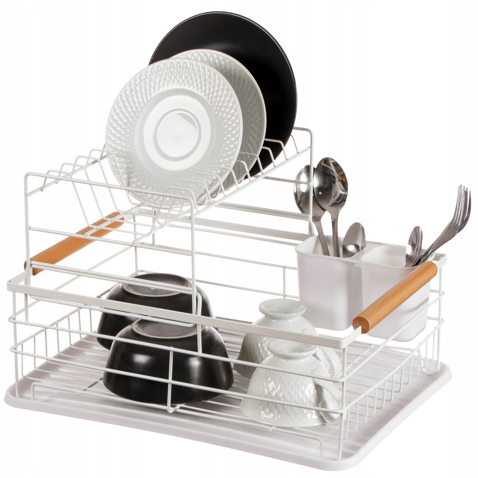 odkapávač na nádobí bílá dvouúrovňová Odkapávač na talíře Příbory sklenice