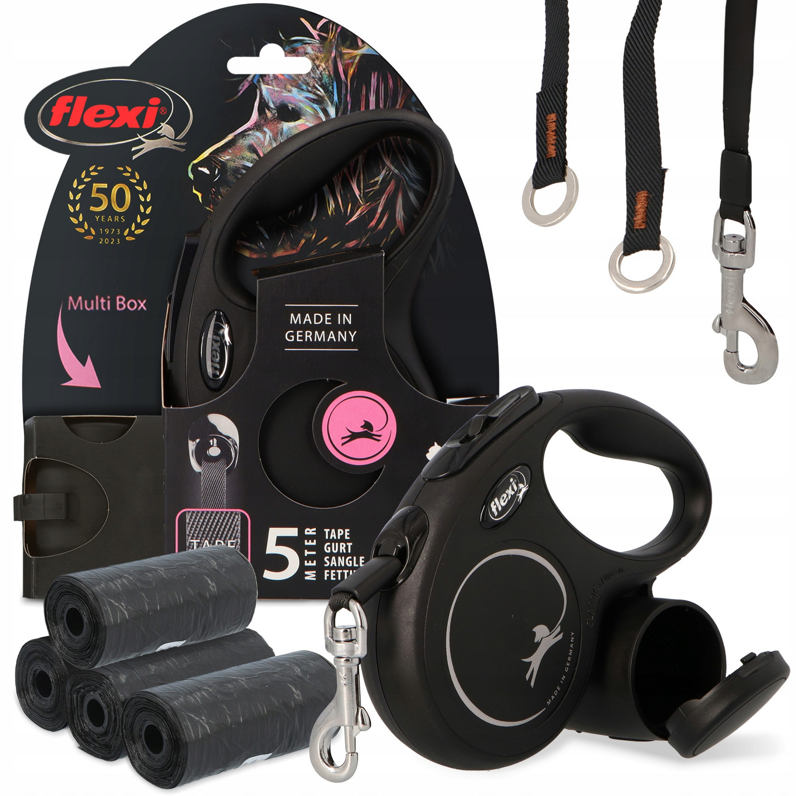 Vodítko Flexi Automatické pro Psa Páska 5m Multi Box Pochoutky Sáčky x80