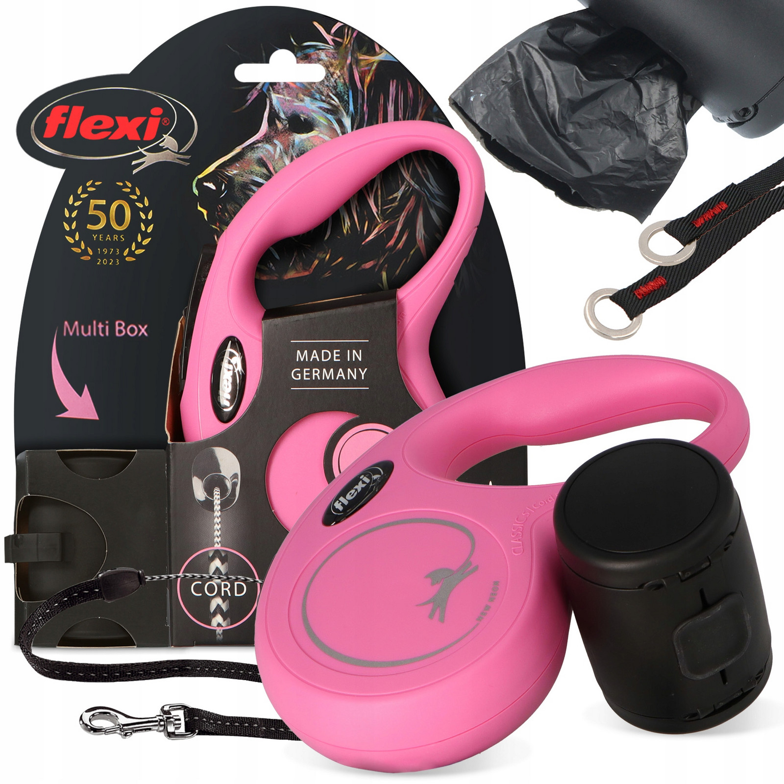 Vodítko Psa Automatické Zámkem 12kg 5m Lanko Nádoba Sáčky Psí exkrementy