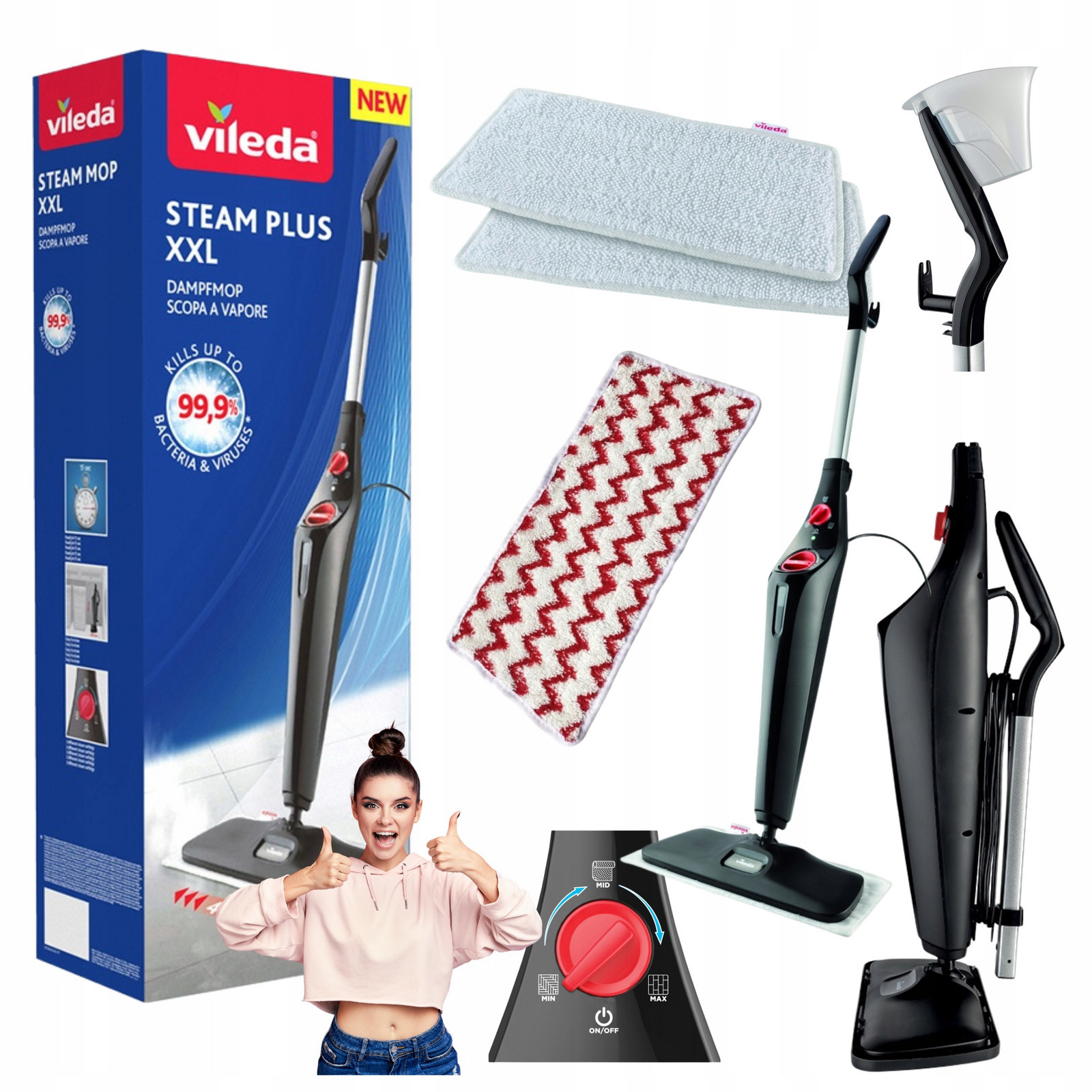 Parní mop Vileda Steam Plus XXL 3.0 Power Pad 3 režimy Sada 3 náplně