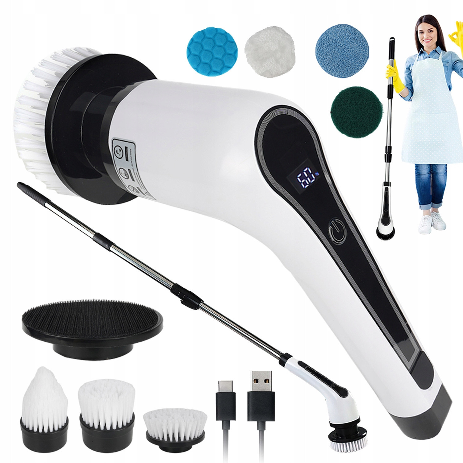 Čisticí Kartáč Přenosný Elektrický S Nastavitelnou Rukojetí Do Kuchyně