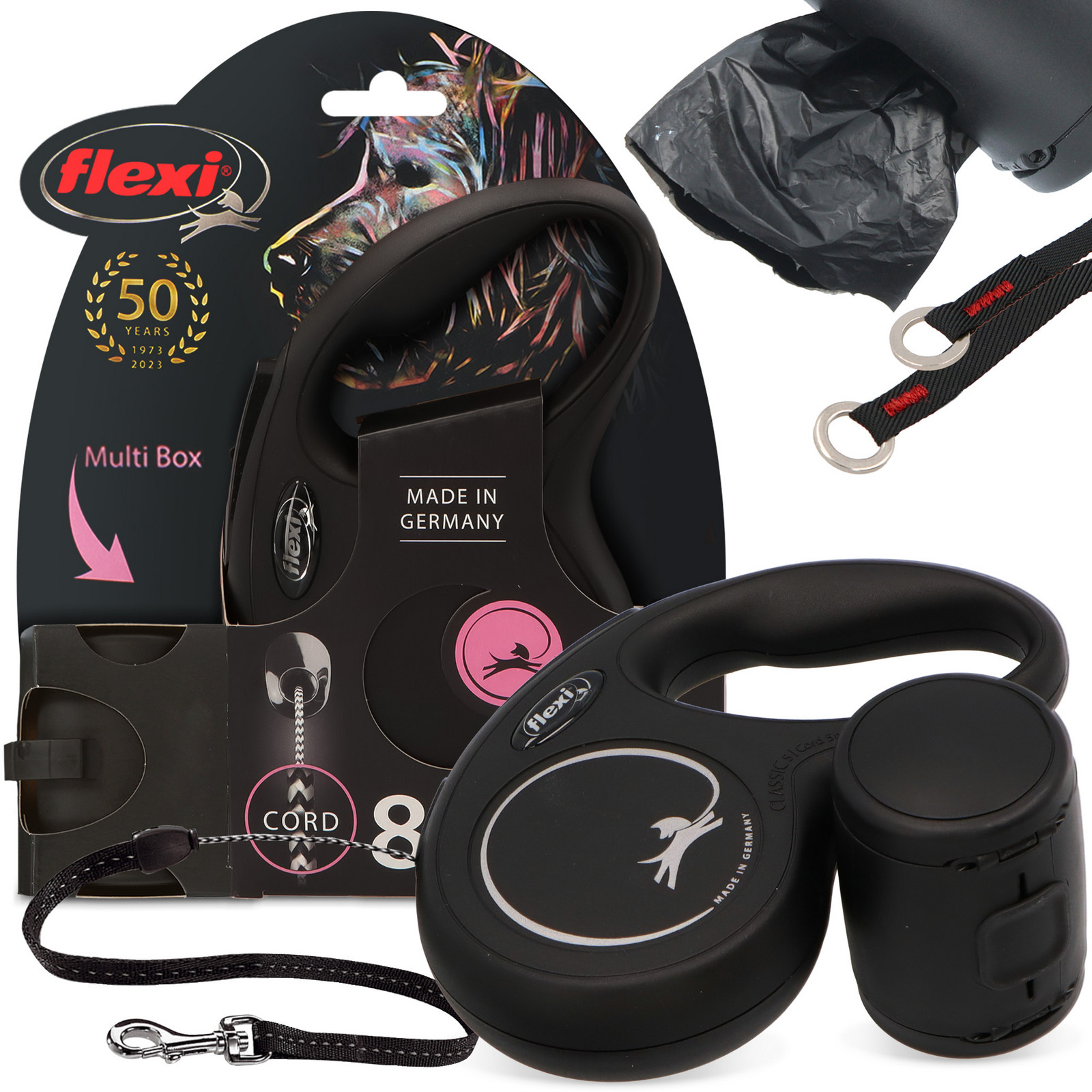 Vodítko Psa Automatické Zámkem 12kg 8m Lanko Nádoba Sáčky Psí exkrementy