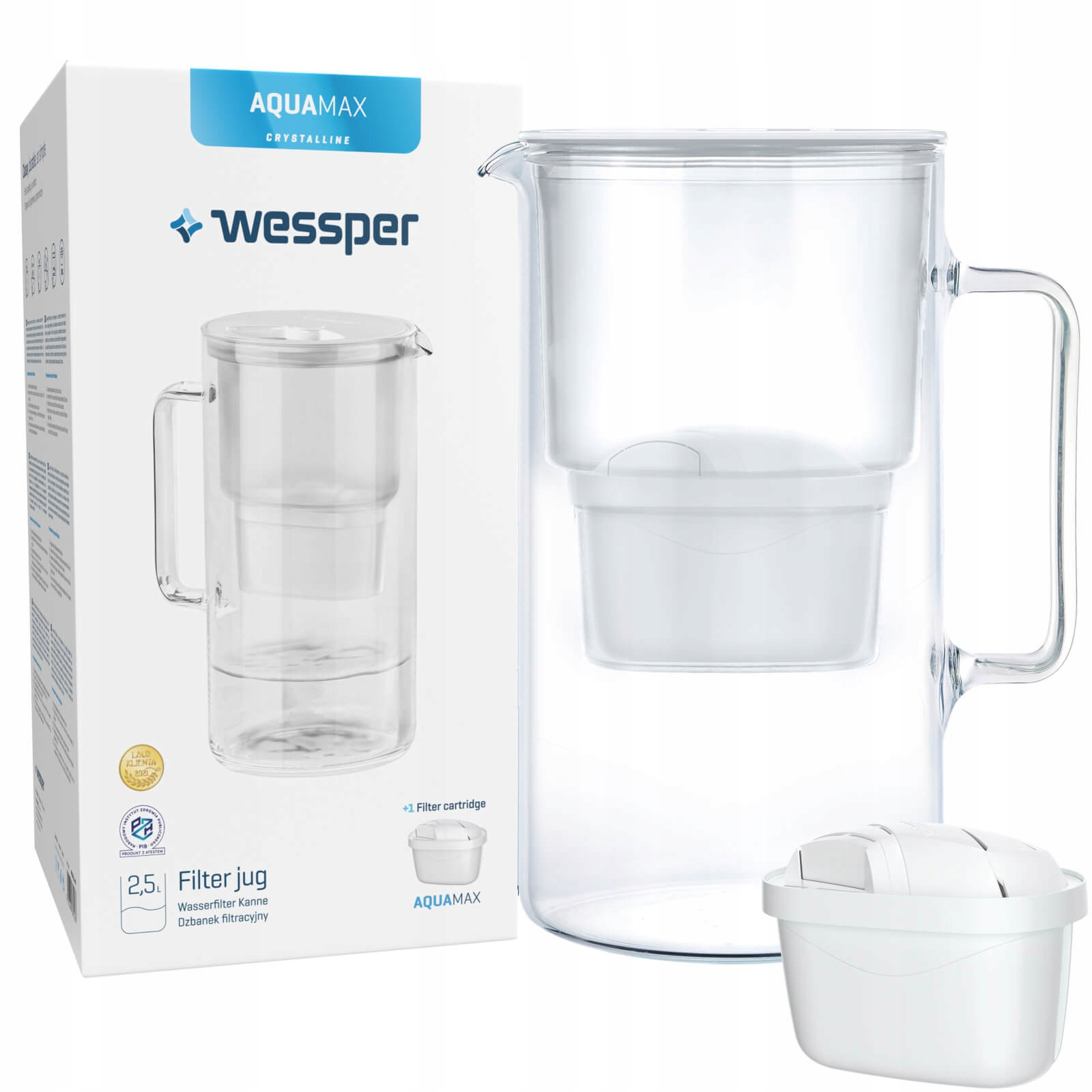 Skleněná filtrační konvice Wessper Crystalline 2,5L +filtr (bílá)