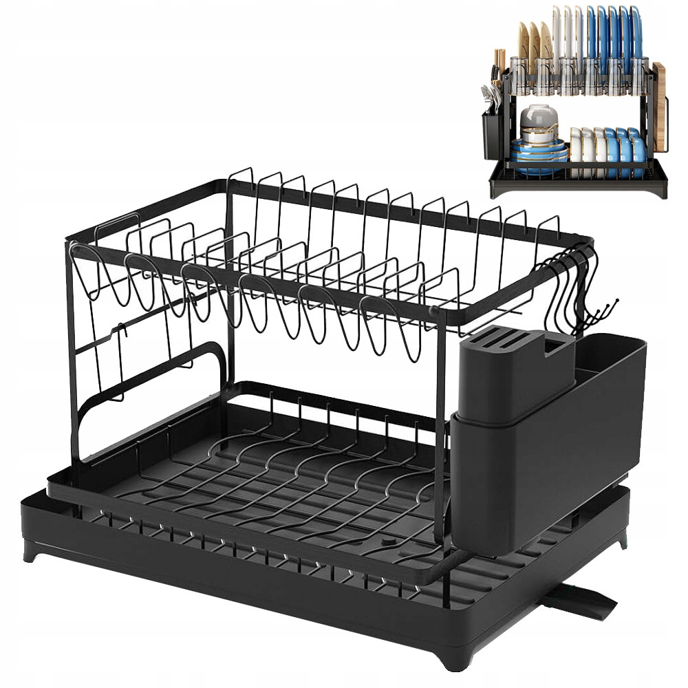 Dvoupatrový Odkapávač S Podnosem Železný Černý Na Talíře Příbory
