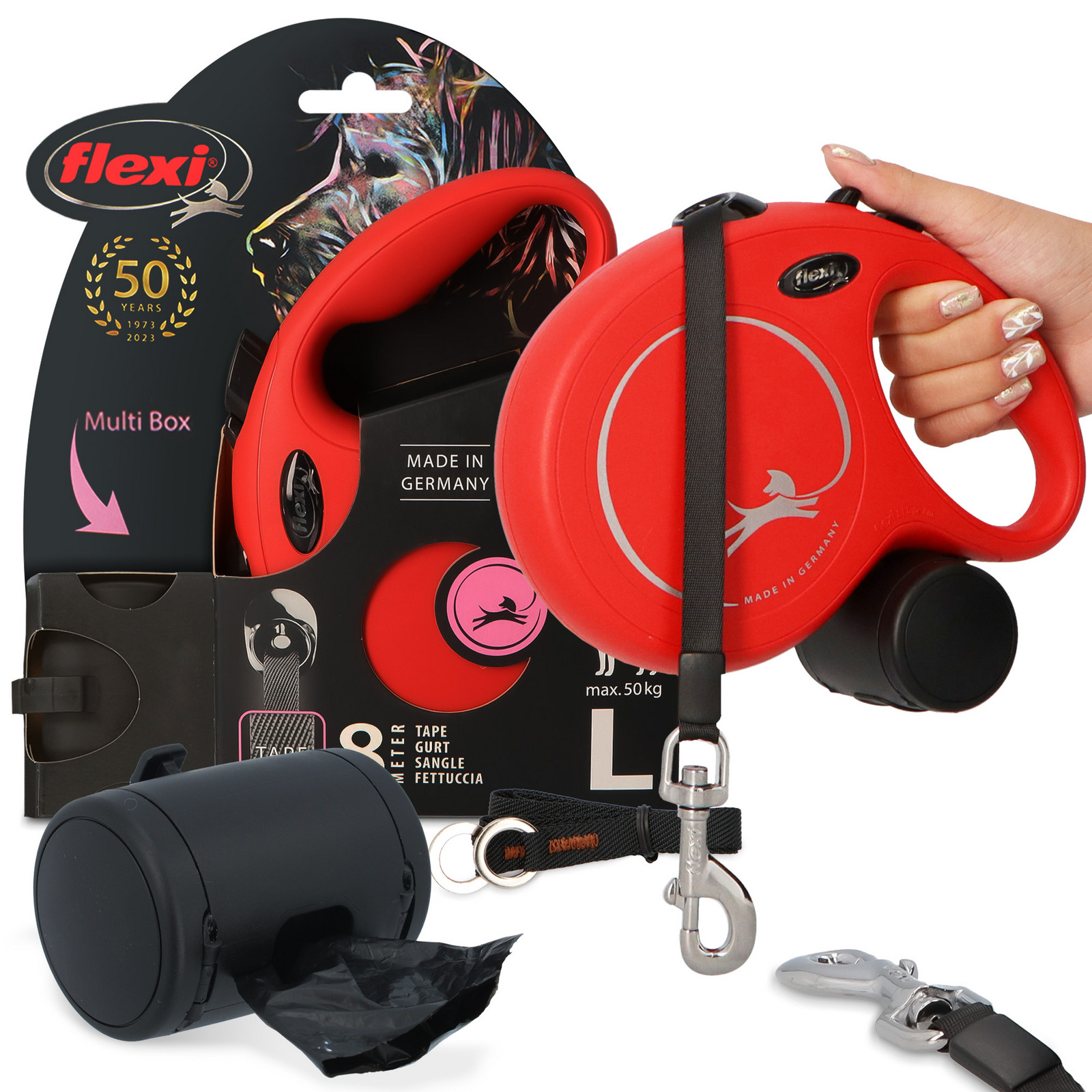 Vodítko Automatické Psa 8m 50kg Páska Nádoba Multi Box Sáčky Pochoutky