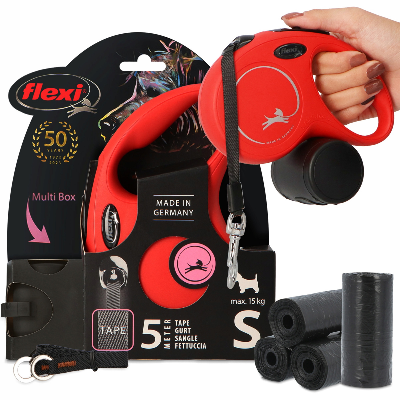 Vodítko Automatické Psa Kočky 15kg 5m Nádoba Pouzdro 80x Sáčky Psí Exkrementy