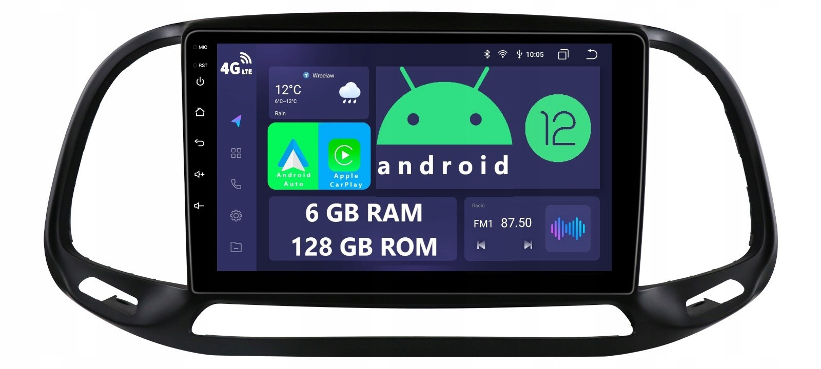 Navigace Rádio 2DIN Android Fiat Doblo IV 4 6/128 Gb Dsp Carplay Lte