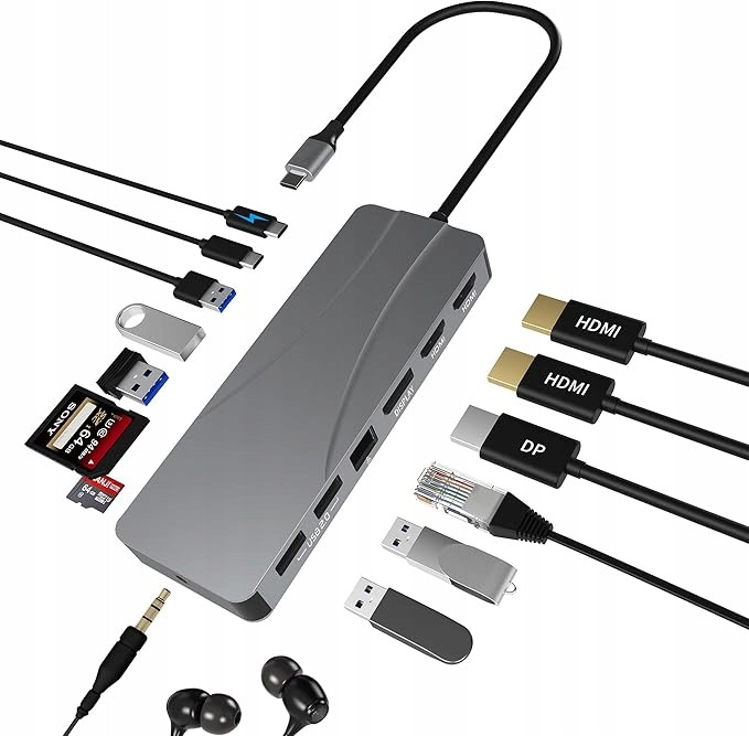 Dokovací stanice 14 v 1 Hub Usb-c, se 2 porty Hdmi a Dp, napájení 60 W