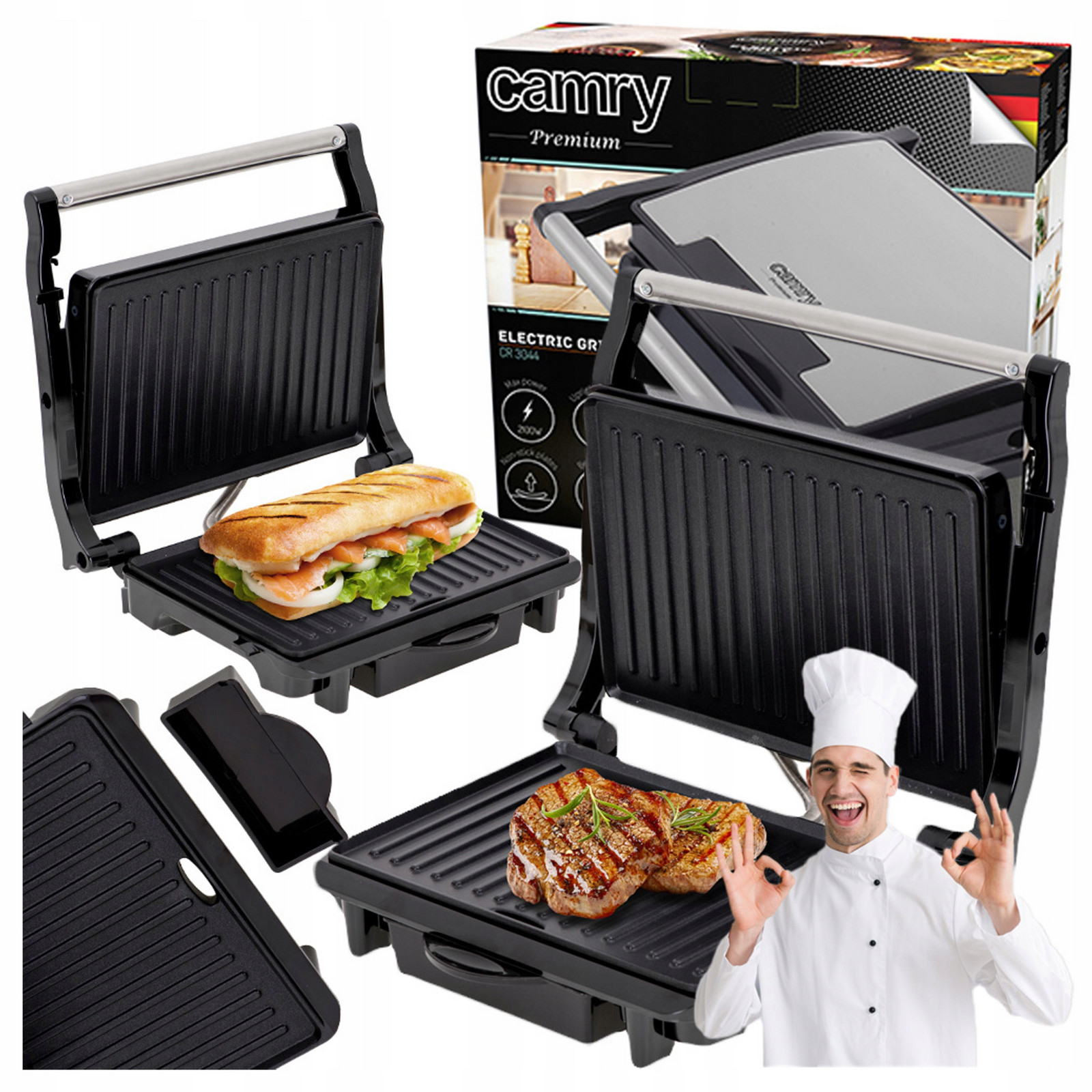 Sendvičovač Panini Elektrický Gril Skládací Toustovač Non-stick Velký XXL 2100W