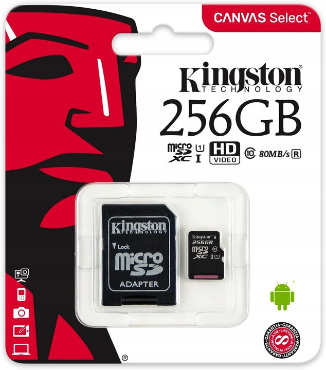 Paměťová karta 256GB Micro Sd Kingston SDCS2 C10 V10 A2 100Mb/s Adaptér