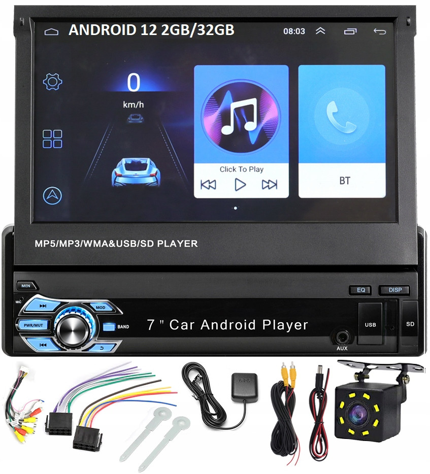 Autorádio 1DIN 7'' Bt Výsuvná Obrazovka Dotyk Wifi Android 13 Gps