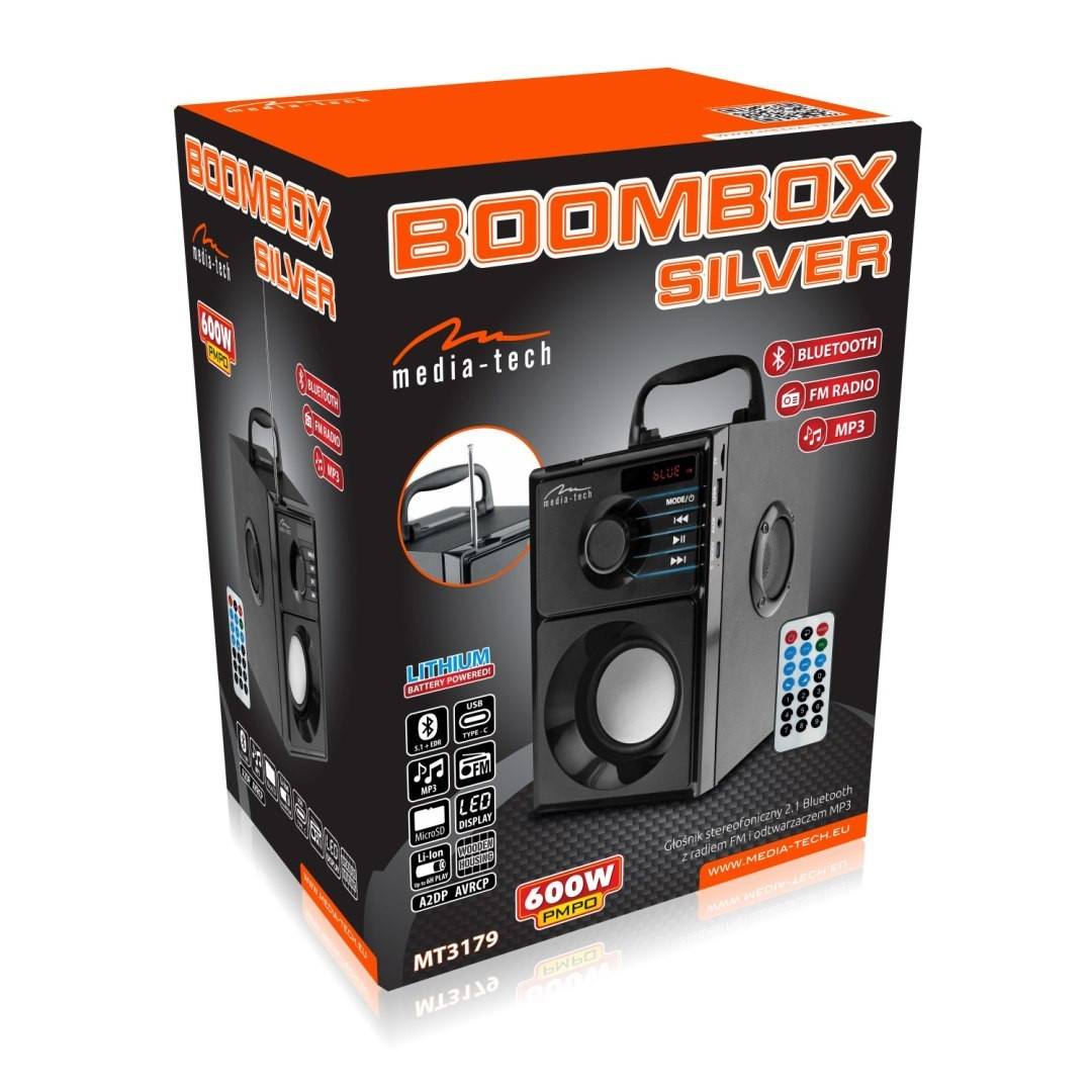 Boombox Silver Kompaktní stereo Bluetooth reproduktor s vestavěným wooferem,