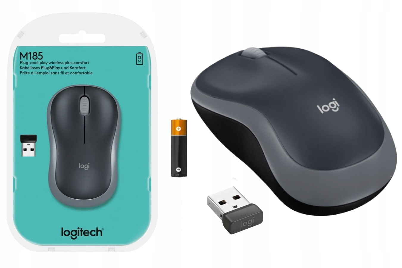 Nová Bezdrátová Myš Logitech M185 Nano Šedá černá Silná