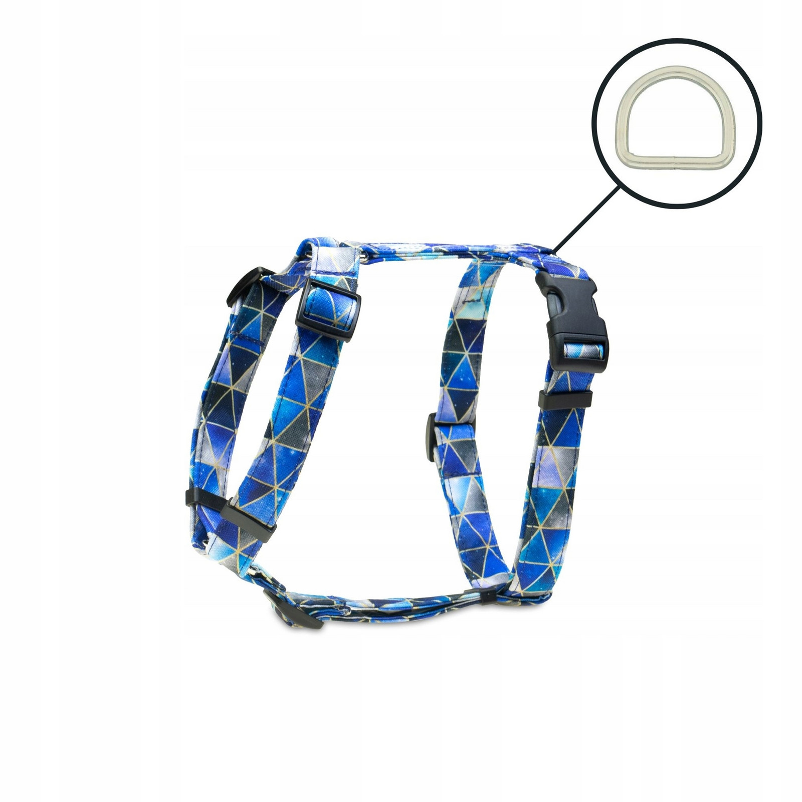 Postroj guard vycházkový pro velkého psa barevné modré trojúhelníky L XL