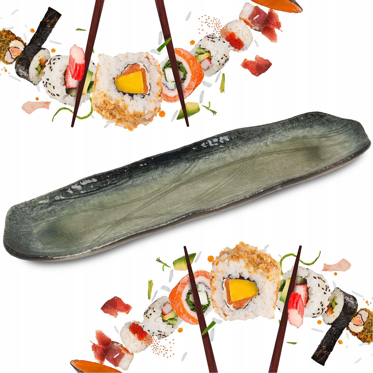 Keramický Dlouhý Servírovací Talíř Sushi Zelený Dekorativní 34cm x 10cm