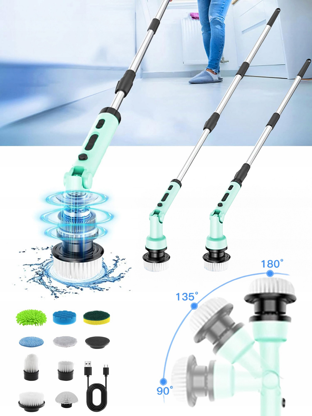 Elektryczna Szczotka Do Czyszczenia 9w1 z regulacją kąta nachylenia,Zielony