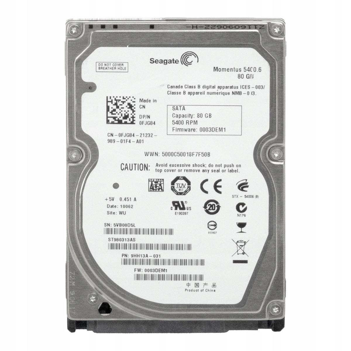 Dell 0FJG84 80GB 5.4K 8MB Sata II 2.5'' ST980313AS
