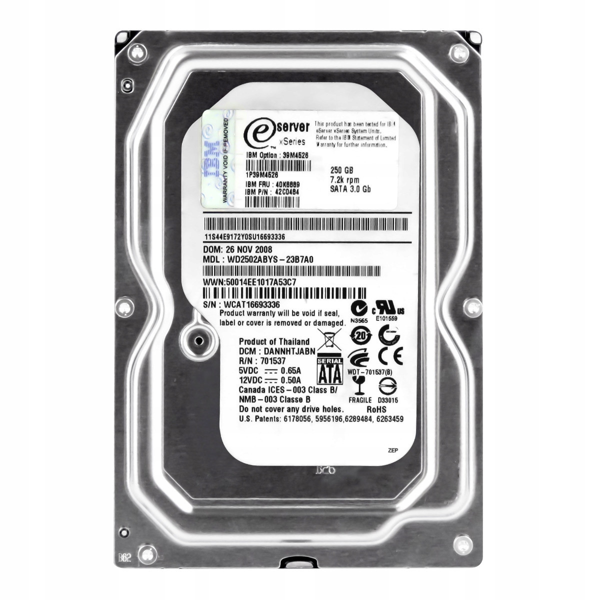 Ibm 40K6889 42C0484 250GB 7.2K 16MB Sata II 3.5'' WD2502ABYS-23B7A0