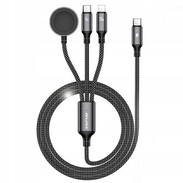 Awei kabel W23 3v1 usb-c/lightning/watch 100W/10W/2.5W černá/black