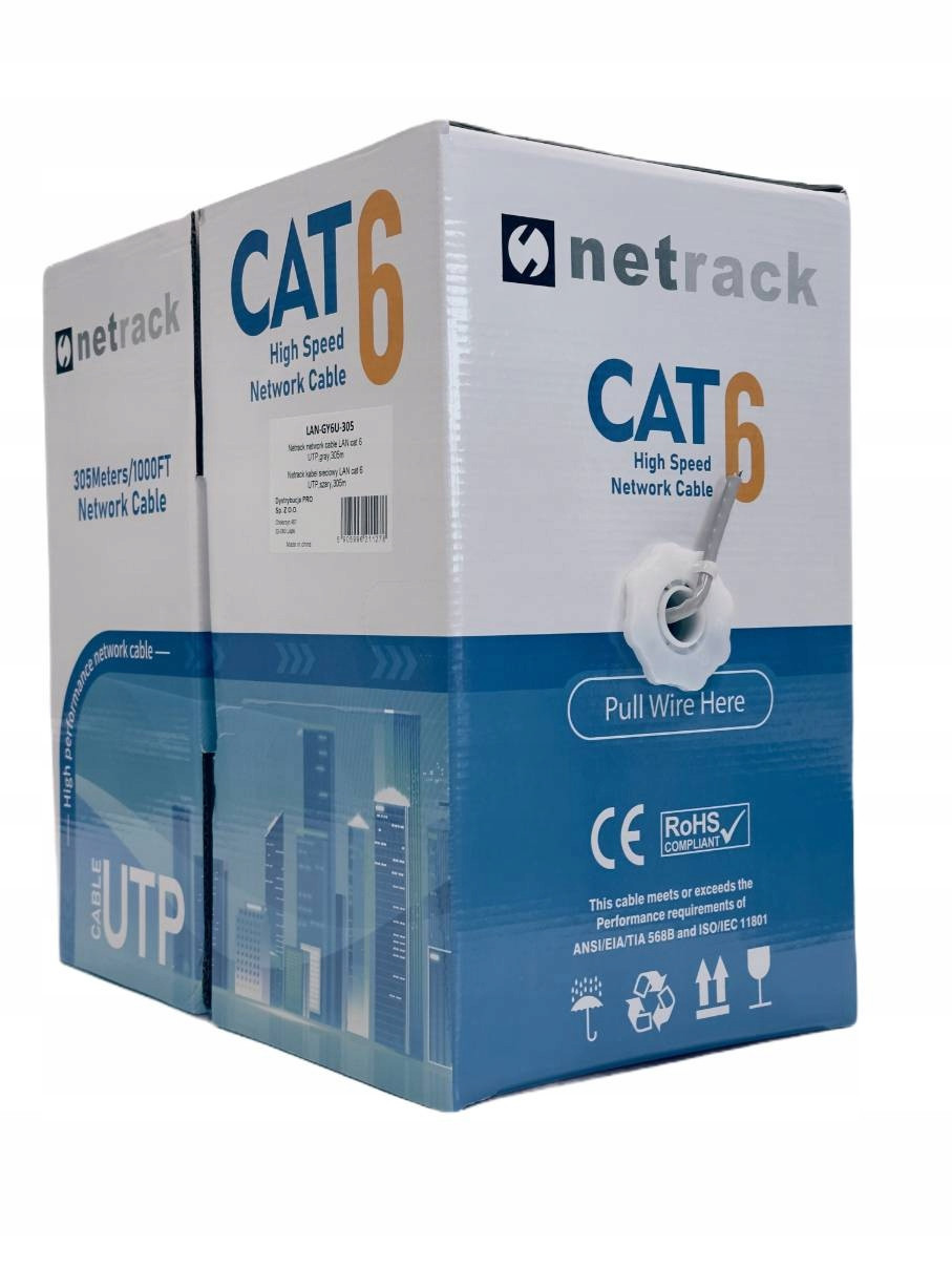 Síťový kabel Lan kroucený kat. 6 cat 6 Utp, 305m, Cca, Netrack, šedý