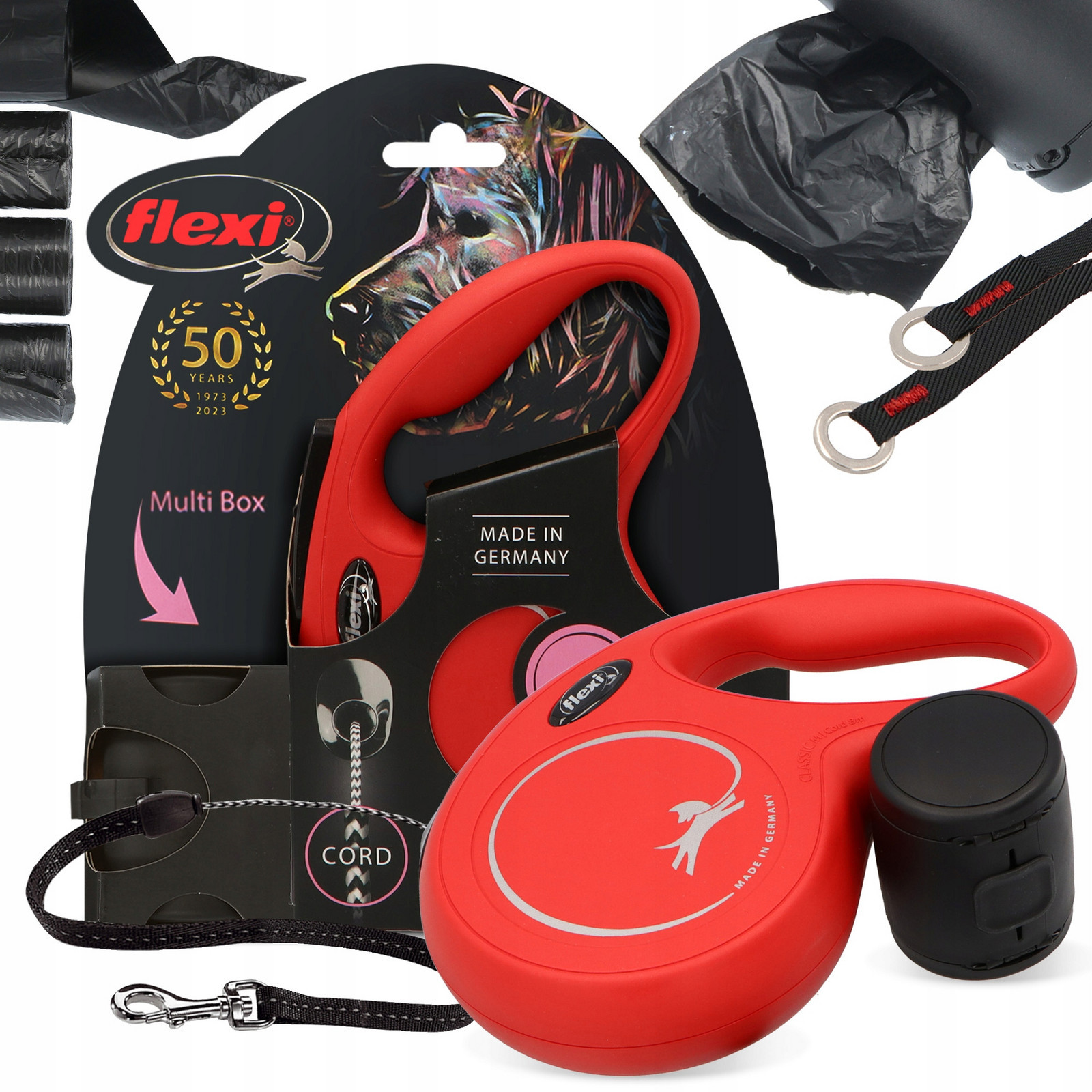 Vodítko Psa Automatické 20kg Lanko 8m Kontejner Multi Box Sáčky Kupy x80