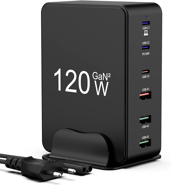 Nabíjecí stanice 6-portová 3xUSB-C 3xUSB síťová nabíječka 120W Černá 818H