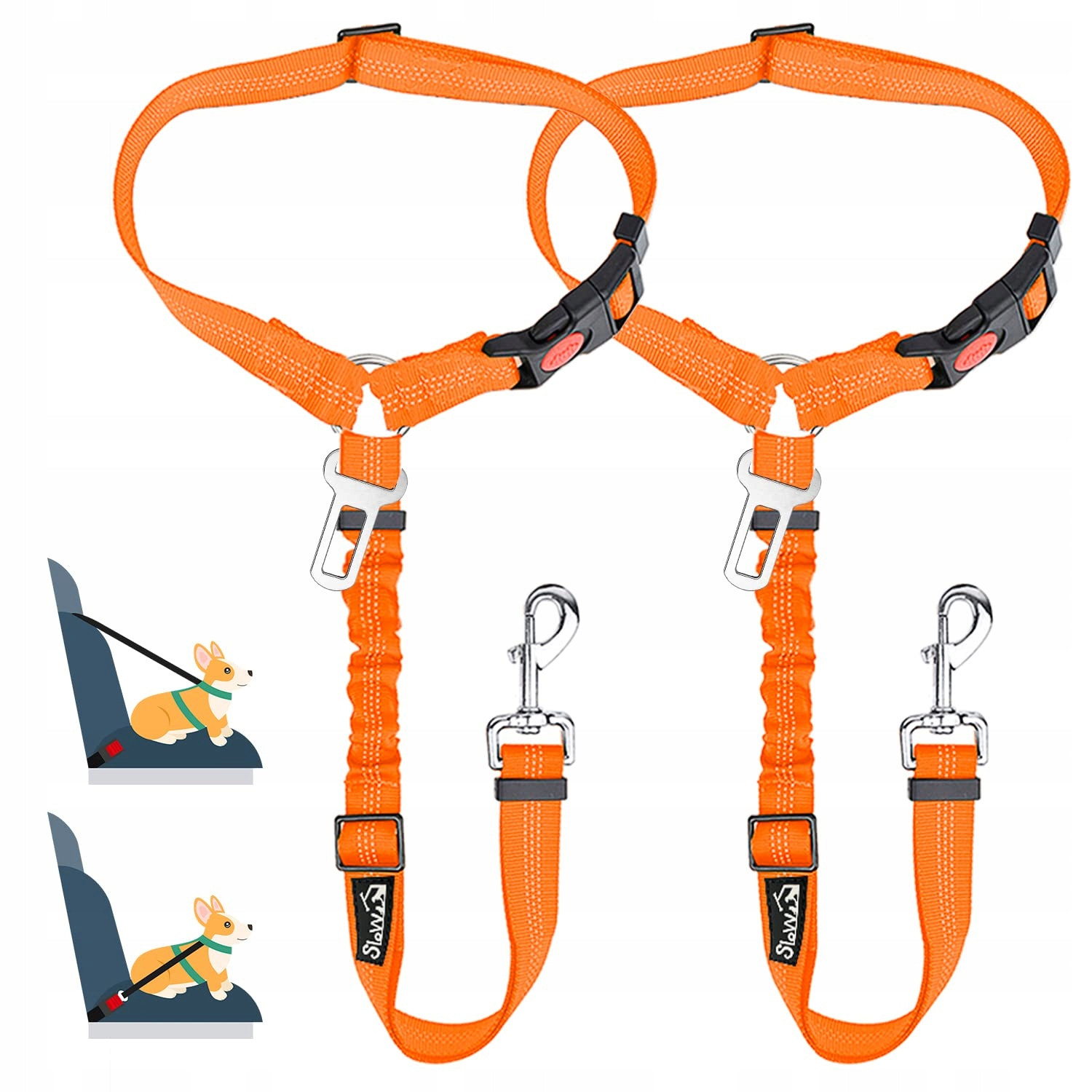 Slowton Pás do auta pro psa 2v1 Nastavitelný Odrazový Oranžový