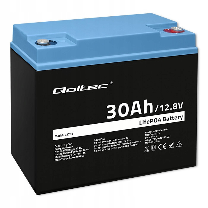 Qoltec Akumulátor LiFePO4 Lithium-Železo-fosfátová 12.8V 30Ah 384Wh Bms
