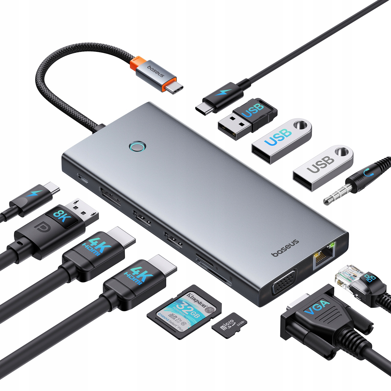 Baseus Hub Adaptér Usb-c 13 Portů Hdmi, Dp, Vga, USB3.1, RJ45, Sf/tf, Aux