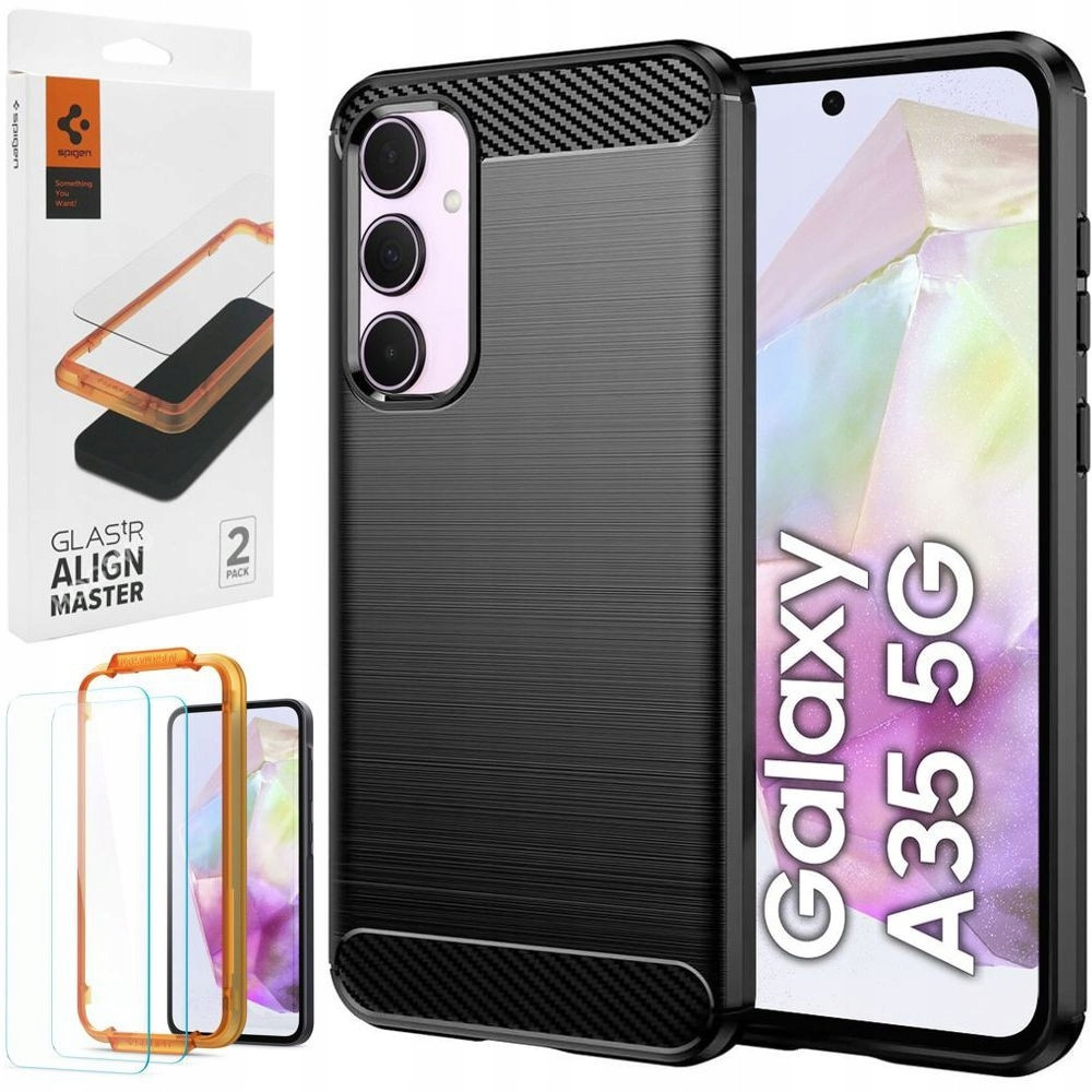 Pouzdro Carbon Soft Case Coal Black 2x Sklo Spigen pro Samsung Galaxy A35 5G