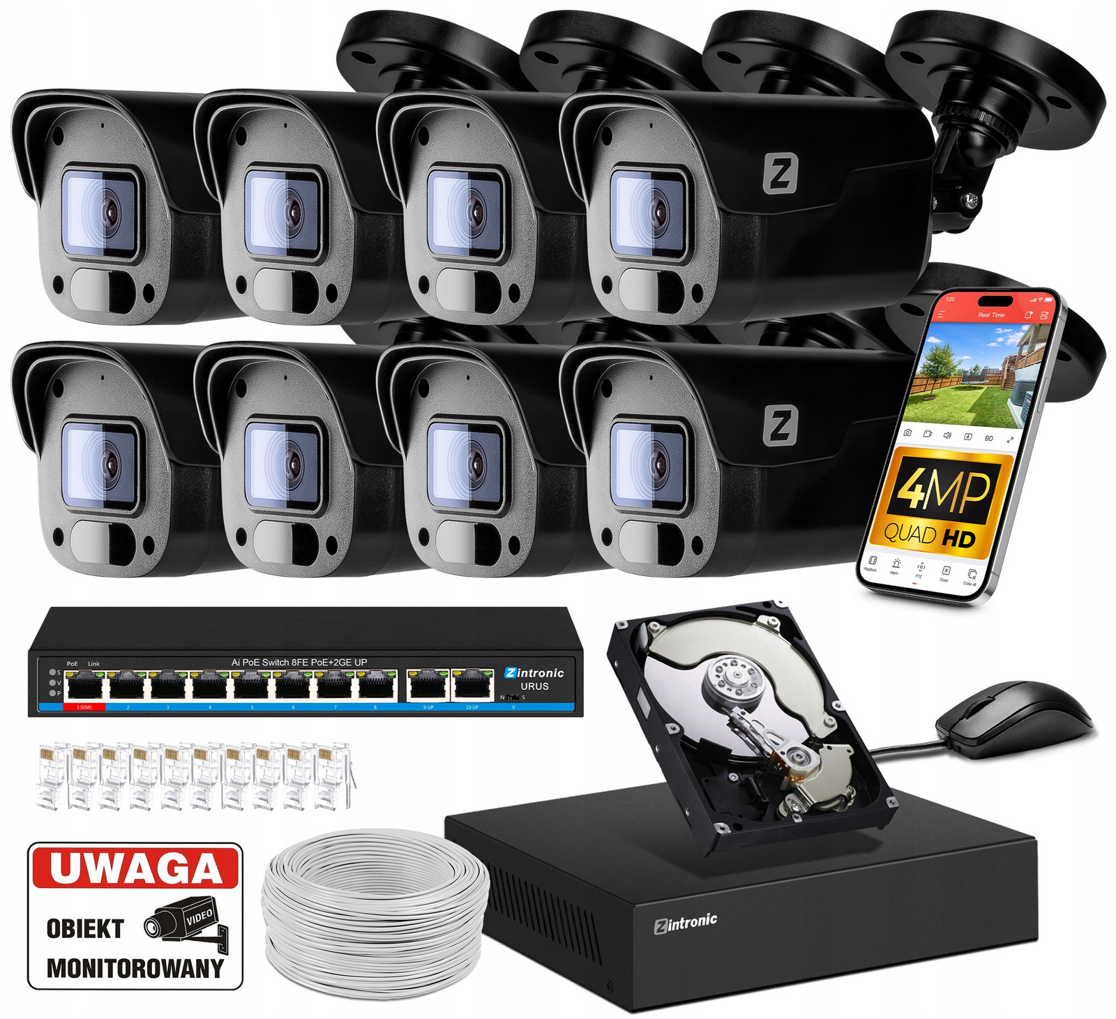 Monitorovací Sada 4MP Ip Poe 8 Kamery 4MPx 1TB Náhled Aplikace Černá