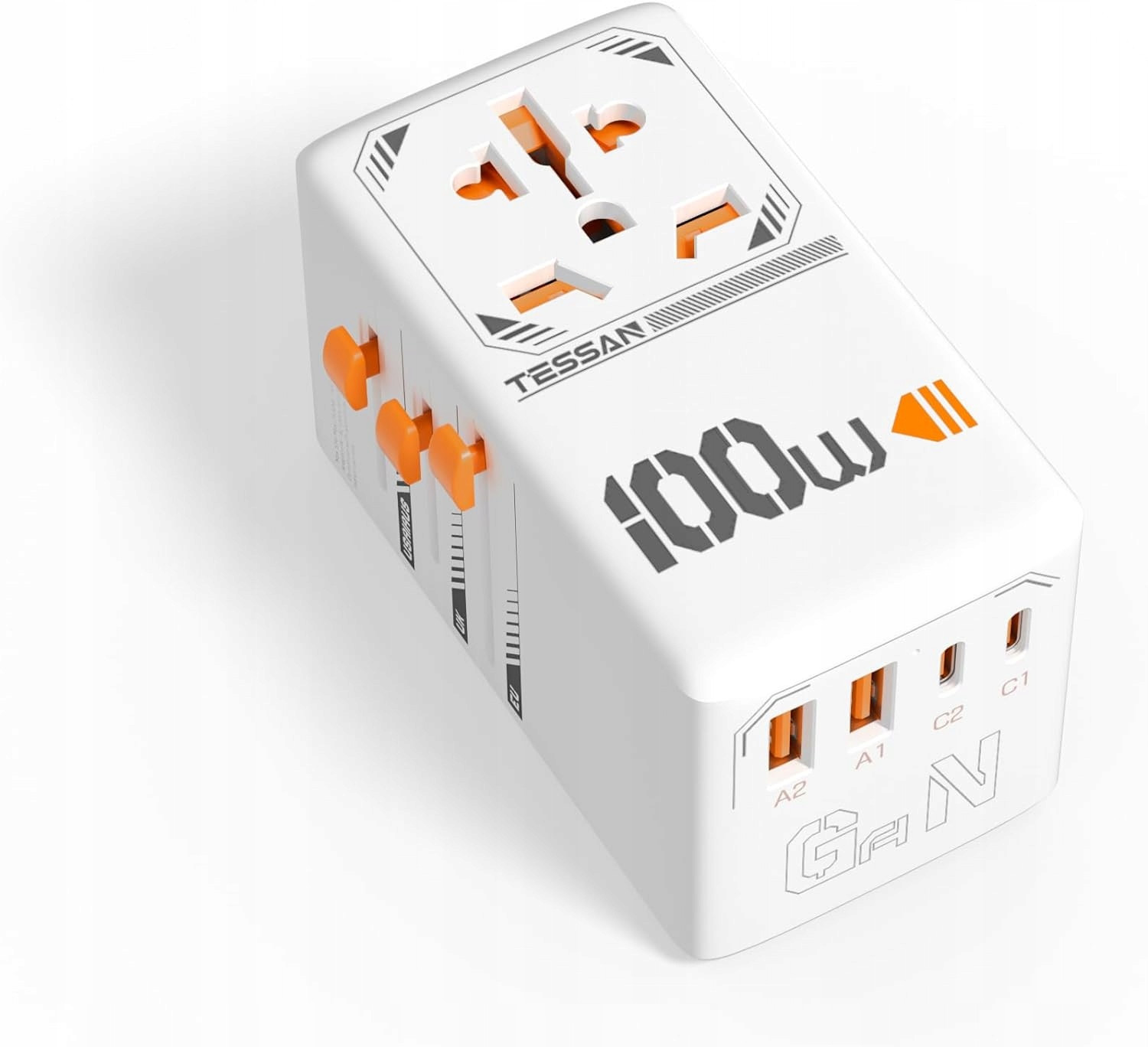Univerzální cestovní adaptér Tessan T7659, 100 W GaN s 2 Usb C, 2 Usb A