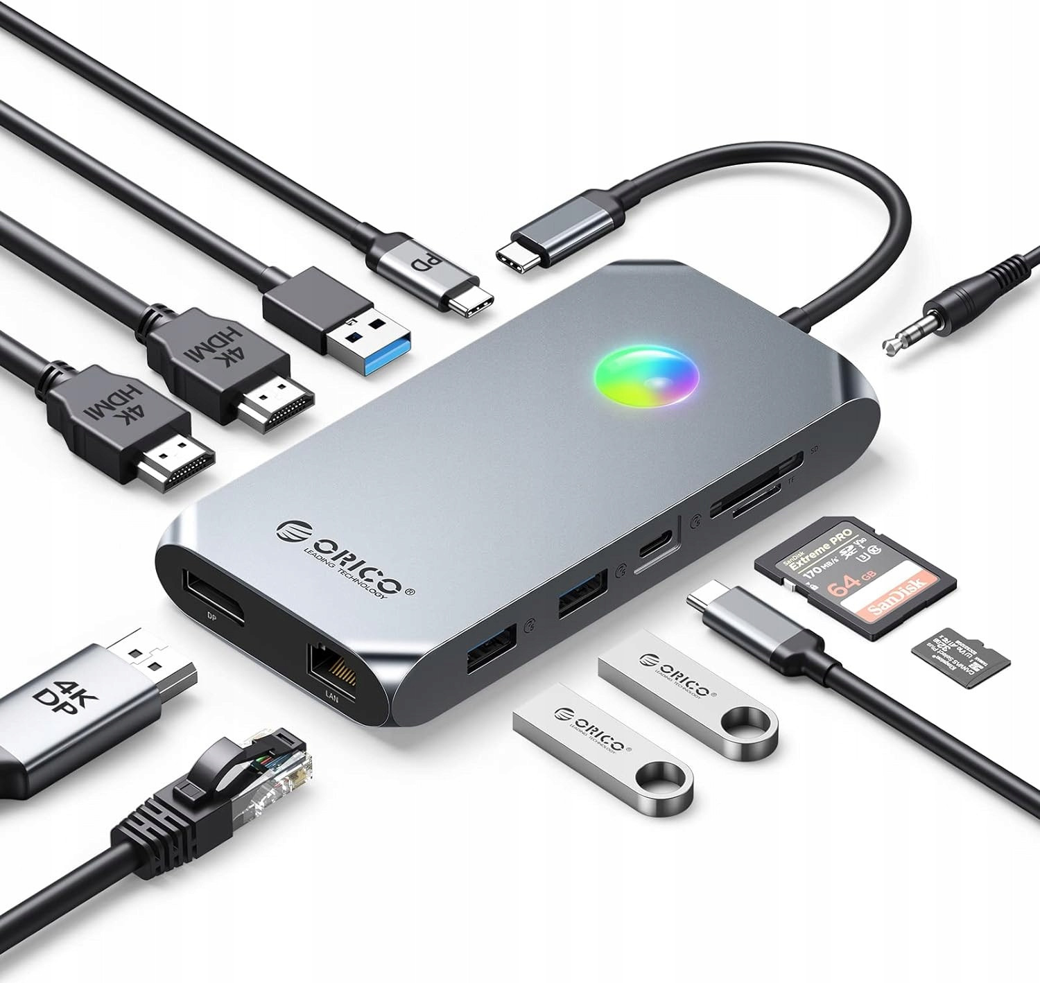 Usb C dokovací stanice Orico 12 V 1 Rgb adaptér 14 režimů Rgb osvětlení