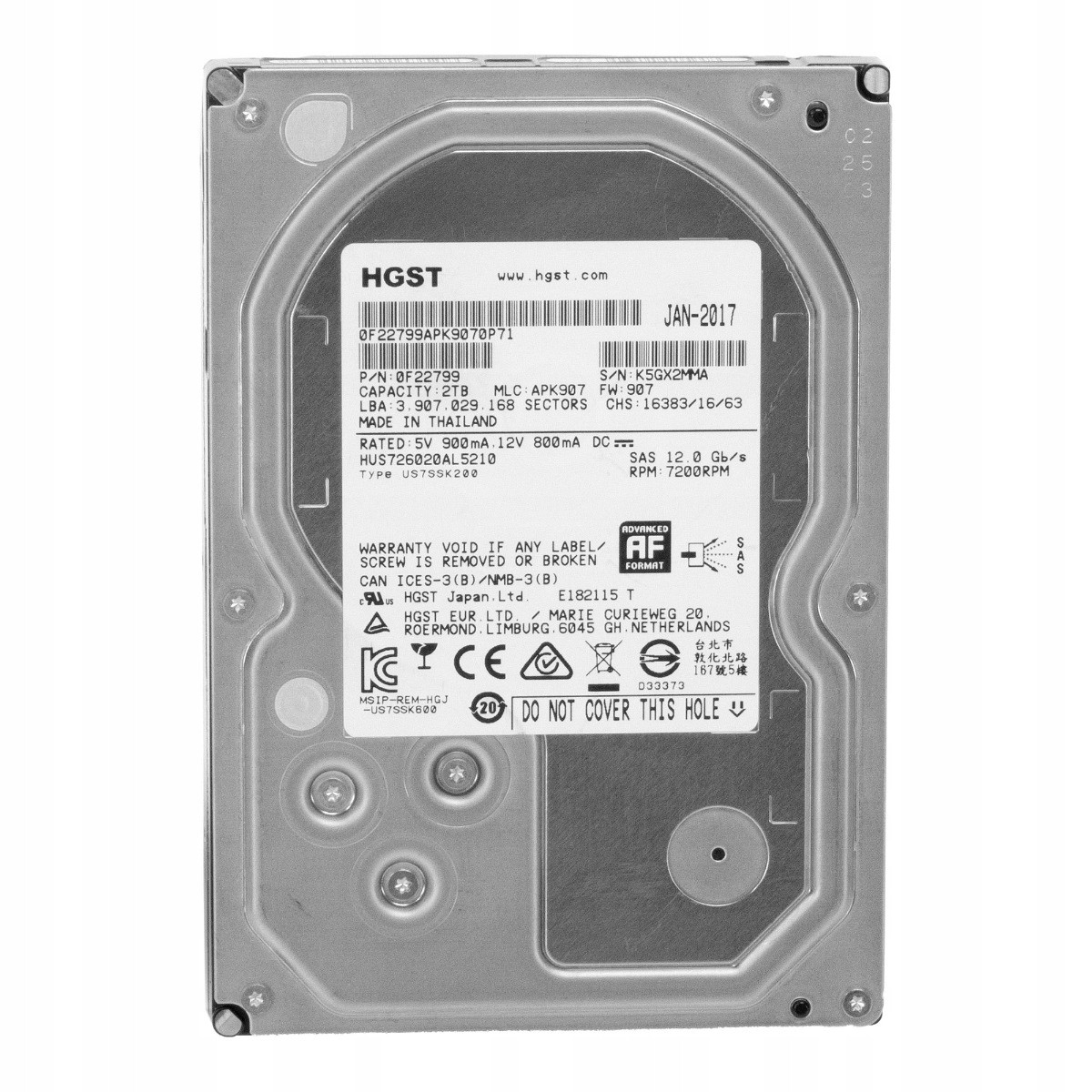 Hgst UltraStar 7K6000 2TB 7.2K 128MB SAS-3 3.5'' HUS726020AL5210