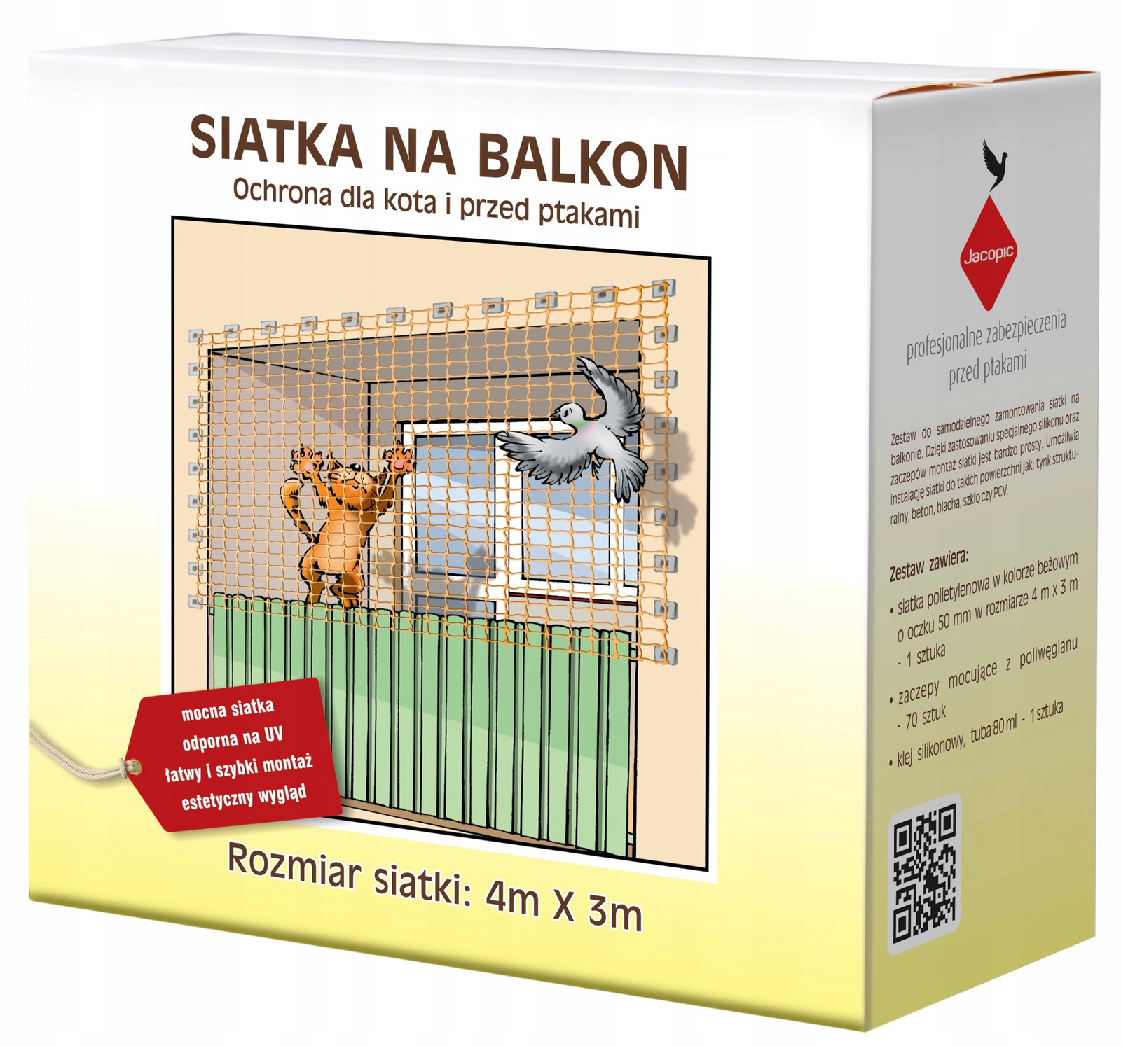 Set Síťka Na Balkon Pro Kočky Ptáci Holubi 4X3m, Oko 50mm Bez Vrtání