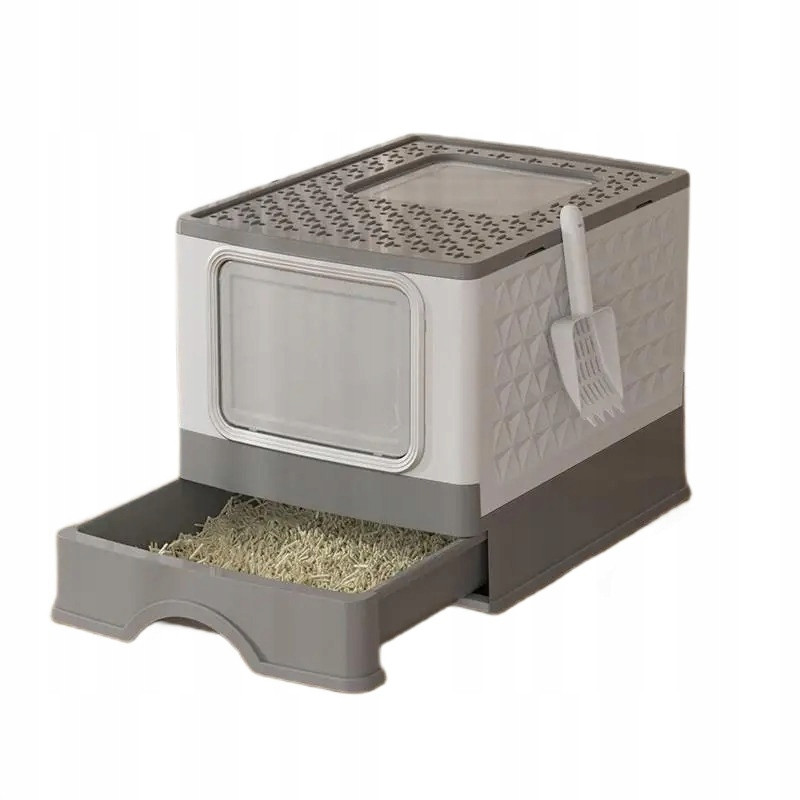 Toaleta Pro Kočky Krytá Šedá Velká 49 CM Skládací Uzavřená Lopatka