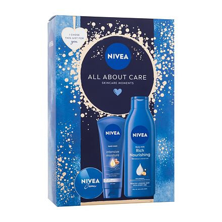 Nivea All About Care : univerzální krém Creme 30 ml + krém na ruce Intensive Moisture 100 ml + tělové mléko Rich Nourishing 250 ml pro ženy