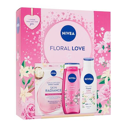 Nivea Floral Love : sprchový gel Floral Love 250 ml + tělové mléko Floral Love 250 ml + pleťová maska Skin Radiance 1 ks pro ženy