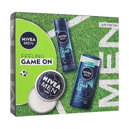 Nivea Men Feeling Game On : krém na obličej, tělo a ruce Men Creme 150 ml + antiperspirant Men Ultra Charge 150 ml + sprchový gel Men Ultra Charge 250 ml pro muže