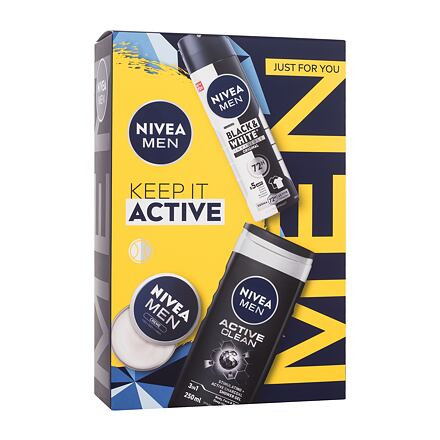 Nivea Men Keep It Active : krém na obličej, tělo a ruce Men Creme 30 ml + antiperspirant Men Invisible Black & White Original 150 ml + sprchový gel Men Active Clean 250 ml pro muže