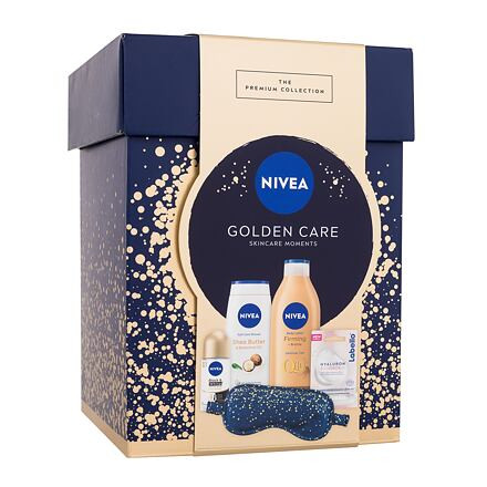 Nivea Golden Care Skincare Moments : tělové mléko Q10 Firming Bronze 400 ml + sprchový gel Shea Butter & Botanical Oil 250 ml + antiperspirant Black & White Invisible Silky Smooth 50 ml + balzám na rty Labello Hyaluron Rosé 5,2 g + saténová maska